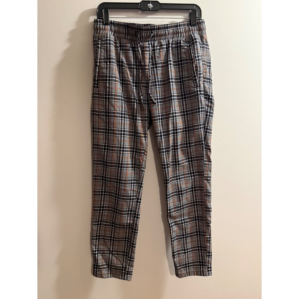 Forever 21 Men Plaid Drawstring Trousers Grey Orange Slim Fit Pants Medium